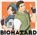  1boy 1girl back-to-back beret black_gloves blue_eyes blue_hair blue_shirt border brown_hair chris_redfield closed_mouth commentary_request copyright_name dbox_2525 fingerless_gloves flak_jacket gloves green_vest grey_eyes grin hat highres jacket jill_valentine knife looking_at_viewer orange_background pointing pointing_up police police_uniform resident_evil resident_evil_1 shirt short_hair short_sleeves smile teeth upper_body vest white_border white_shirt 