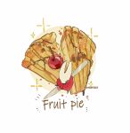  1girl artist_name ben-day_dots black_eyes cherry cloak commentary english_text food fruit highres hightguy hollow_knight hornet_(hollow_knight) horns knife pie pie_slice screentones solo sparkle white_background 