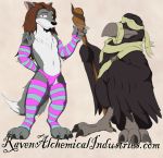  anthro avian bird blindfold camel_toe canine clothed clothing corvid crossdressing cuntboy duo garr garr_(artist) glass holding_object hybrid intersex male mammal martini_glass pink_sclera raven simple_background staff tattoo text wolfdog 
