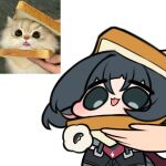  1girl black_eyes black_hair cat chibi highres jane_doe_(zenless_zone_zero) looking_at_viewer open_mouth otu_(o2h2_oh4) photo-referenced reference_inset short_hair simple_background smile solo tongue tongue_out white_background zenless_zone_zero 