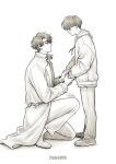  2boys belt character_request check_character coat dalchi09 from_side full_body height_difference holding_hands hood hood_down hoodie kim_dokja looking_at_another male_focus multiple_boys oldest_dream omniscient_reader's_viewpoint on_one_knee open_clothes open_coat scar scar_across_eye scar_on_face secretive_plotter sepia short_hair smile standing yoo_joonghyuk 