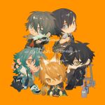  5boys akira_(togainu_no_chi) animal_ears aqua_hair aqua_trim bag bar_stool black_boots black_coat black_hair black_pants blood blood_on_face blue_eyes boots bottle brown_hair cat_boy cat_ears cat_tail chibi chibi_only cigarette coat collared_shirt commentary_request commission company_connection crossed_bangs dog_tags dramatical_murder fingerless_gloves fur-trimmed_jacket fur_trim furrowed_brow gloves grey_pants grey_sweater_vest hair_between_eyes hair_over_one_eye hand_in_pocket highres holding holding_cigarette holding_dog_tags jacket konoe_(lamento) long_sleeves male_focus multiple_boys nitro+_chiral open_mouth orange_background orange_eyes orange_hair pants purple_eyes red_shirt sakiyama_youji scar scar_on_face scar_on_nose seragaki_aoba shirt short_hair shoulder_bag sitting smile smoking stitched_face stitches stool sweater_vest sweet_pool tail togainu_no_chi towa_(slow_damage) trait_connection twitter_username white_boots white_jacket wushi_stoneee yellow_eyes 