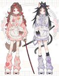  2boys alternate_costume animal_collar animal_ears apron arms_at_sides asymmetrical_legwear bandaid bandaid_on_leg black_hair brothers cat_boy cat_ears cat_tail closed_mouth collar commentary_request crescent dog_boy dog_ears dog_tail dot_mouth dot_nose earrings enmaided facial_mark floral_background full_body hanafuda_earrings holding holding_sword holding_weapon jacket jersey_maid jewelry katana kemonomimi_mode kimetsu_no_yaiba leg_warmers long_hair long_sleeves looking_to_the_side maid male_focus mismatched_legwear multiple_boys parted_bangs pink_jacket pink_leg_warmers pink_shorts purple_jacket purple_leg_warmers purple_shorts red_eyes red_streaks roller_skates sal_gun scabbard sheath shorts siblings skates spiked_hair standing sun_symbol sword tail track_jacket tsugikuni_michikatsu tsugikuni_yoriichi unconventional_maid weapon white_apron 