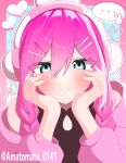  ... 1girl amatomato_0141 animal_ear_headphones animal_ears aubrey_(birthday)_(omori) aubrey_(faraway)_(omori) aubrey_(omori) blue_eyes blush braid cardigan closed_mouth double-parted_bangs fake_animal_ears hair_between_eyes hair_ornament hairclip hands_on_own_cheeks hands_on_own_face headphones highres long_hair looking_at_viewer low_twin_braids official_alternate_costume official_alternate_hairstyle omori open_cardigan open_clothes parallel_hairclips pink_cardigan pink_hair rabbit_ear_headphones rabbit_ears short_hair solo speech_bubble spoken_ellipsis twin_braids twitter_username upper_body 