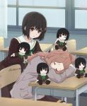  2girls absurdres black_hair bow brown_hair brown_shirt brown_skirt cardigan casyu_nut chair character_doll classroom closed_eyes closed_mouth desk doll green_neckerchief grey_cardigan hair_bow hibike!_euphonium highres hisaishi_kanade holding holding_doll indoors kenzaki_ririka kitauji_high_school_uniform long_hair long_sleeves multiple_girls neckerchief one_eye_closed open_mouth parted_lips pleated_skirt red_bow red_eyes sailor_collar school_chair school_desk school_uniform serafuku shirt short_hair sitting skirt sleeping sleeping_on_desk stuffed_toy twitter_username white_sailor_collar window 