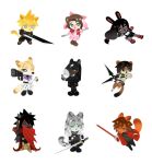  3girls 6+boys aerith_gainsborough aiming animal_earrings animal_ears animalization armor armored_boots bat_boy bat_ears black_coat black_pants black_skirt blue_eyes boots brown_boots brown_eyes buster_sword cat_boy cat_ears cat_tail chest_strap chibi chibi_only cloak cloud_strife coat commentary_request crisis_core:_final_fantasy_vii crop_top dress fighting_stance final_fantasy final_fantasy_vii fingerless_gloves fox_boy fox_ears fox_tail furry furry_female furry_male genesis_rhapsodos gloves green_eyes green_shirt gun hair_over_one_eye handgun headband holding holding_gun holding_shuriken holding_staff holding_sword holding_weapon horse_boy horse_ears jacket long_coat long_hair low-tied_long_hair materia midriff miniskirt multiple_boys multiple_girls pai_jingguan pants parted_bangs pauldrons pink_dress pleated_skirt rabbit_ears rabbit_girl rabbit_tail red_boots red_cloak red_coat red_eyes red_headband red_jacket rufus_shinra sephiroth shirt short_hair shorts shoulder_armor shuriken skirt slit_pupils smile snow_leopard_boy snow_leopard_ears snow_leopard_tail spiked_hair staff sword tail tifa_lockhart tseng vincent_valentine weapon white_background white_coat white_shirt yuffie_kisaragi 