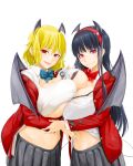  2girls :d asymmetrical_docking black_hair black_tail black_wings blonde_hair blue_bow bow bowtie breast_press breasts character_doll cleavage collared_shirt commentary_request cowboy_shot demon_girl demon_tail demon_wings doll grey_skirt gyaru hairband highres huge_breasts jacket knucklecurve large_breasts light_blush long_hair looking_at_viewer low_wings midriff multiple_girls navel original red_bow red_eyes red_jacket school_uniform shirt short_hair simple_background skirt smile symmetrical_docking tail white_background white_shirt wings 