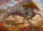  bovine cattle feral head_down hooves horn landscape magic_the_gathering male mammal markings meadow official_art ryan_yee signature sky solo walking yoke 