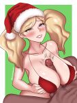  1boy 1girl bikini blonde_hair blue_eyes blush border breasts breasts_squeezed_together clothed_female_nude_male collarbone commentary dark-skinned_male dark_skin english_commentary green_background grin hat hetero highres interracial large_breasts large_penis long_hair nude paizuri paizuri_under_clothes parted_lips penis persona persona_5 red_bikini red_lips santa_hat simple_background smile stormin_art swimsuit takamaki_anne testicles twintails twitching_penis uncensored very_dark_skin white_border 