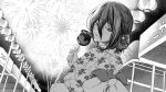  1girl alternate_costume blush candy_apple chainsaw_man commentary commission double-parted_bangs english_commentary festival fireworks floral_print flower food from_behind greyscale hair_between_eyes hair_bun hair_flower hair_ornament hayakuhashireyo highres holding holding_candy_apple holding_food japanese_clothes kimono lantern long_hair_between_eyes looking_at_viewer looking_back monochrome paper_lantern parted_lips reze_(chainsaw_man) short_hair skeb_commission smile solo summer_festival translated upper_body yukata 