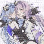  2girls artist_request black_shorts blue_eyes blue_hair breasts chinese_commentary commentary_request commission corset elf elysia_(honkai_impact) elysia_(miss_pink_elf)_(honkai_impact) grid_background hair_ornament hand_on_own_cheek hand_on_own_face herrscher_of_corruption highres honkai_(series) honkai_impact_3rd hug incest long_hair medium_breasts multiple_girls open_mouth parted_lips pink_hair pointy_ears shorts siblings smile too_many_watermarks twincest twins very_long_hair watermark white_corset yuri 