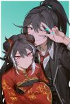  1boy 1girl androgynous aqua_background black_hair black_jacket blush border brother_and_sister chinese_clothes closed_mouth collared_shirt commentary double_bun gradient_background hair_bun high_ponytail highres hong_lu_(project_moon) jacket jia_xichun_(project_moon) lcb_uniform_(project_moon) limbus_company looking_at_viewer multicolored_hair necktie one_eye_closed outside_border ponytail project_moon red_eyes red_necktie shirt siblings smile streaked_hair tachinami two-tone_hair v v_over_eye white_border white_hair white_shirt 