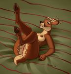  2014 anthro antlers anus bed black_nose breasts butt cervine female hooves horn legs_up lying mammal nipples on_back presenting pussy red_eyes reindeer siyah solo thick_thighs wide_hips 