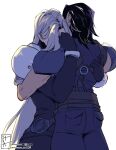  2boys angeal_hewley armor belt belt_buckle black_gloves black_hair black_pants blue_pants blue_shirt brown_belt buckle commentary cowboy_shot crisis_core:_final_fantasy_vii english_commentary final_fantasy final_fantasy_vii gloves grey_hair hackeraxe highres hug long_hair male_focus medium_hair multiple_belts multiple_boys pants parted_bangs pauldrons sephiroth shirt shoulder_armor sign sleeveless sleeveless_turtleneck suspenders turtleneck twitter_username white_background yaoi 