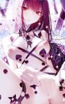  1girl abstract abstract_background anus atha_(leejuiping) blurry blurry_background bow bowtie breasts censored commentary_request cross cross_necklace expressionless fate/grand_order fate_(series) hair_between_eyes highres jewelry latin_cross long_hair medium_breasts mosaic_censoring necklace nipples nude parted_lips purple_eyes purple_hair pussy ribbon scathach_(fate) solo spread_legs 