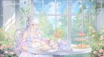  1girl absurdres bare_shoulders blue_eyes blue_sky bow breasts cake choker cleavage cloud commentary commission cup cupcake dress flower food frilled_choker frills hair_bow hair_flower hair_ornament hand_up highres lizhi35 long_hair macaron original parted_lips pink_flower purple_flower sitting sky sleeveless sleeveless_dress solo table teacup teapot tiered_tray tree vase very_long_hair white_choker white_dress white_hair white_rabbit_(animal) 
