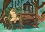 absurd_res alligator alligatorid anders-glyc anthro balls belly big_tail claws crocodile crocodilian deck_(structure) erection feet genitals hi_res humanoid_genitalia humanoid_penis hut male musclegut muscular nude overweight penis presenting presenting_balls presenting_penis reptile saggy_balls scalie sitting slightly_chubby solo spreading swamp tail water