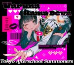  1girl :p all_fours black_border black_eyes black_hair black_jacket black_skirt black_thighhighs blunt_bangs border closed_mouth collared_shirt commentary_request english_text fructua_kk hand_tattoo heart heart-shaped_pupils jacket lipstick_mark long_hair looking_at_viewer necktie one_eye_closed outside_border pink_background pixel_heart pixel_star protagonist_2_(housamo) red_necktie school_uniform shirt sidelocks skirt solo speech_bubble spoken_heart star_(symbol) symbol-shaped_pupils tattoo thighhighs tokyo_afterschool_summoners tongue tongue_out white_shirt 