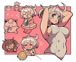  2girls ahoge blue_eyes breasts brown_hair character_doll closed_eyes closed_mouth crossover doll eating elphelt_valentine food grey_hair grey_leotard guilty_gear guilty_gear_strive hairband holding holding_microphone itsuka_neru jigglypuff kuradoberi_jam large_breasts leotard looking_at_viewer microphone multiple_girls multiple_views music musical_note open_mouth pink_background pink_hairband pokemon pokemon_(creature) short_hair singing smile spiked_hairband spikes tearing_up 