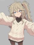  1girl aged_down antenna_hair aran_sweater black_shirt black_skirt blonde_hair blue_eyes blush brown_pantyhose cable_knit closed_mouth cowboy_shot fang grey_background hair_between_eyes highres kasukabe_tsumugi long_hair long_sleeves looking_at_viewer messy_hair one_side_up outstretched_arms pantyhose pleated_skirt semicolonize shirt sidelocks simple_background skin_fang skirt smile solo standing sweater symbol-shaped_pupils turtleneck turtleneck_shirt twitter_username v-neck voicevox x-shaped_pupils 