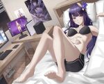 1girl alternate_costume barefoot bikini black_bikini black_shorts blunt_bangs blurry depth_of_field desk emlia07973290 fan_hair_ornament feet foot_focus game_screenshot genshin_impact hair_ornament hand_on_own_stomach hashtag-only_commentary highres indoors knees_up looking_to_the_side lying mole mole_under_eye on_back on_bed pillow poster_(object) purple_eyes purple_hair raiden_shogun screenshot shade short_shorts shorts soles solo sportswear stomach swimsuit toes window yae_miko 