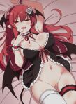  1girl absurdres alternate_costume babydoll black_babydoll breasts censored choker commentary commission demon_wings fang flower frilled_choker frilled_thigh_strap frills hair_flower hair_ornament head_wings highres koakuma korra_down large_breasts lingerie long_hair looking_at_viewer lying mosaic_censoring navel no_panties on_back open_mouth pixiv_commission pointy_ears pussy red_eyes red_hair rose skin_fang smile solo thigh_strap thighhighs touhou underwear very_long_hair white_flower white_rose white_thighhighs wings wrist_cuffs 