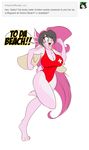  anthro big_breasts black_hair breasts clothing female floppy_ears fur green_eyes hair lagomorph long_hair mammal mastergodai multicolored_hair pink_fur pink_hair rabbit rascals reiko_usagi smile solo swimsuit text thick_thighs wide_hips 