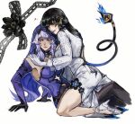  2girls black_gloves black_hair black_swan_(honkai:_star_rail) breasts commentary demon_girl demon_horns demon_tail detached_sleeves dress gloves hashtag-only_commentary high_heels highres honkai:_star_rail honkai_(series) horns laaastik1 large_breasts lipstick_mark lipstick_mark_on_face long_hair long_sleeves mole mole_under_eye multiple_girls purple_dress purple_hair purple_veil red_eyes shoes smile tail the_dahlia_(honkai:_star_rail) veil white_background white_dress white_shoes yellow_eyes yuri 