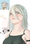  1girl ? a2_(nier:automata) absurdres android bare_shoulders blue_eyes breasts closed_mouth eyelashes frieren grey_hair hair_between_eyes hashtag-only_commentary highres joints long_hair medium_breasts meme mercaxy mole mole_under_mouth nier:automata nier_(series) pink_lips pod_(nier:automata) reference_inset robot_joints simple_background smile solo sousou_no_frieren upper_body upward_angle_frieren_drawing_(meme) white_background 