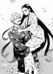  1boy 1girl agatsuma_zenitsu arm_around_shoulder barefoot black_hair blunt_ends blush closed_eyes commentary_request couple greyscale hair_between_eyes hair_ribbon hetero highres japanese_clothes kamado_nezuko kimetsu_no_yaiba kimono laughing long_hair monochrome multicolored_hair open_mouth osaka_n_a print_kimono ribbon screentones short_hair smile two-tone_hair 