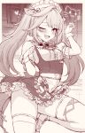  1girl apron blush cowlick dress faruzan_(genshin_cafe_in_seoul)_(genshin_impact) faruzan_(genshin_impact) frilled_apron frilled_dress frilled_thighhighs frills genshin_impact greyscale hair_ornament hands_up highres long_hair looking_at_viewer m-da_s-tarou maid maid_apron maid_headdress monochrome official_alternate_costume one_eye_closed open_mouth paw_pose puffy_short_sleeves puffy_sleeves short_sleeves smile solo symbol-shaped_pupils thighhighs thighs triangle-shaped_pupils twintails wrist_cuffs x_hair_ornament 