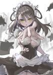  1girl apron black_skirt braid braided_hair_rings breasts brown_hair circle_skirt cleavage clothing_cutout commentary_request cowboy_shot dark_persona flower_knight_girl folded_braid frilled_apron frills hair_ornament hair_pulled_back hair_rings hairclip high-waist_skirt highres kintarou_(kintarou's_room) knife long_hair maid maid_headdress medium_breasts puffy_short_sleeves puffy_sleeves ribbed_shirt shirt short_sleeves skirt snowflake_(flower_knight_girl) solo straight-on throwing throwing_knife torn_clothes torn_shirt torn_skirt triangle_mouth underboob underboob_cutout underbust v-shaped_eyebrows weapon white_apron white_shirt yellow_eyes 