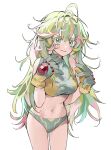  1girl ahha3_good aqua_eyes blonde_streaks blush boku_no_hero_academia breasts buruma colored_eyelashes commentary fluffy_hair gloves green_buruma green_hair green_sports_bra hagakure_toru highres large_breasts long_hair messy_hair multicolored_hair navel pink_streaks simple_background smile sports_bra streaked_hair swimsuit thick_eyelashes very_long_hair white_background yellow_gloves 