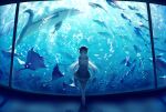  1girl absurdres aquarium arms_behind_back bare_shoulders blonde_hair blue_theme bubble cicirelrel closed_eyes collarbone commentary dolphin dress facing_viewer fish full_body grey_hair halterneck high_heels highres indoors jellyfish jewelry koi_ni_naritai_aquarium looking_down love_live! love_live!_sunshine!! manta_ray midriff navel pendant short_hair smile standing sunlight symbol-only_commentary thighhighs tiara watanabe_you 