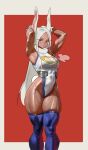  1girl absurdres animal_ears armpits arms_up bare_shoulders boku_no_hero_academia border breasts commentary covered_abs covered_navel crescent_print dark-skinned_female dark_skin english_commentary fur_collar gloves highleg highleg_leotard highres large_breasts leotard long_eyelashes long_hair looking_at_viewer mirko parted_bangs purple_thighhighs rabbit_ears rabbit_girl rabbit_tail red_background red_eyes solo tail tail_through_clothes taut_leotard the_antin thick_thighs thigh_gap thighhighs thighs toned toned_female very_long_hair white_border white_gloves white_hair white_leotard 