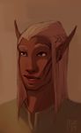  2014 blonde_hair braid brown_eyes clothed clothing dark_skin dragon_age ear_piercing elf hair humanoid long_hair male mutisija not_furry piercing plain_background pointy_ears smile solo tattoo video_games zevran_arainai 