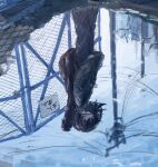  1girl bad_id bad_twitter_id bare_tree black_hair chain-link_fence fence guitar_case highres inactive_account instrument_case instrument_case_on_back jacket medium_hair mitikage7 original outdoors pants power_lines puddle reflection reflection_focus reflective_liquid sky solo standing tree utility_pole water 