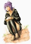  1girl black_eyes black_hoodie black_shorts black_socks brick commentary english_commentary foliage full_body hair_between_eyes hair_bun highres hood hood_down hoodie kneehighs knees_to_chest lips medium_hair nifast_(greentail) obata_takeshi_(style) original parted_lips purple_hair shoes shorts sitting socks solo twitter_username white_background 