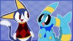 ambiguous_gender animal_crossing anthro aquaticfuz blue_body blue_fur bottomless cerulean_(aquaticfuz) clothed clothing domestic_cat duo eeveelution fan_character felid feline felis fish fish_tail fur generation_1_pokemon generation_2_pokemon hybrid kerchief male mammal marine nintendo open_mouth pokemon pokemon_(species) red_eyes rover_(animal_crossing) shirt topwear umbreon vaporeon