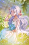  1girl artist_name bare_arms bare_shoulders blue_flower blurry blurry_background blurry_foreground bouquet bow closed_mouth dress earrings elf field flower flower_field forget-me-not_(flower) frieren green_eyes hair_bow hand_in_own_hair highres holding holding_bouquet jewelry light_smile long_hair meadow milgtea necklace outdoors parted_bangs pointy_ears red_bow ring sleeveless sleeveless_dress solo sousou_no_frieren sundress thick_eyebrows white_dress 