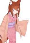  1girl absurdres alternate_breast_size_(smaller) alternate_species animal_ear_fluff animal_ears artist_name breasts brown_hair check_clothing cherry_blossoms closed_mouth clothing_request commentary cowboy_shot english_commentary floral_print floral_print_kimono fox_ears fox_girl fox_tail hair_between_eyes hands_up hanten_(clothes) highres jacket japanese_clothes kimono light_blush long_hair looking_at_viewer makise_kurisu open_clothes open_jacket orange_jacket pink_kimono print_kimono purple_eyes purple_sash sash science_adventure simple_background small_breasts solo standing steins;gate tail white_background yukiooromi 