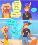 2025 3_panel_comic 5_fingers anthro ascot black_clothing black_shirt black_text black_topwear blue_background blue_bottomwear blue_clothing blue_eyes blue_hair blue_pants blue_speech_bubble blush blush_lines bodily_fluids border bottomwear bovid brown_body brown_ears brown_eyes brown_fur brown_nose canid canine caprine cheek_tuft clothed clothed_anthro clothed_male clothing clothing_store comic connor_(heresvix) crossdressing crossdressing_male crossed_arms dani_(heresvix) denim denim_bottomwear denim_clothing detailed_background dialogue dipstick_tail dress duo ellipsis english_text facial_tuft femboy fingers fluffy fluffy_tail fox fur gradient_background hair hand_behind_back heresvix hi_res inside jeans looking_at_another looking_away male mammal markings mouth_closed name_tag nervous nervous_smile nervous_sweat open_mouth orange_body orange_fur pants pink_text polka_dot_dress polka_dots red_ascot sheep shirt side_view simple_background speech_bubble standing store sweat tail tail_markings tan_body tan_fur tan_hair text topwear tuft v-neck white_border window yellow_clothing yellow_dress yellow_sclera yellow_speech_bubble