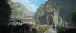  absurdres banner blue_sky bridge castle city commentary corpse day english_commentary fantasy felixriano flock highres horseback_riding knight landscape light_rays medieval monster mountain mountainous_horizon original painterly riding scenery sky tree water waterfall 
