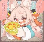  1girl absurdres ahoge animal_ear_fluff animal_ear_piercing animal_ears blush braid braided_twintails bright_pupils colored_speech_bubble commentary_request drooling emphasis_lines food food_request furry furry_female green_shirt hair_ornament highres holding holding_food long_hair looking_at_viewer open_mouth pink_fur pink_hair rabbit_ears rabbit_girl red_eyes regain_(regain_illust) salad screw shirt short_eyebrows solo sparkle speech_bubble sphere_hair_ornament thick_eyebrows tomato tomato_slice translation_request white_pupils zenless_zone_zero zhao_(zenless_zone_zero) 