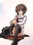  1girl abimaru_gup absurdres adjusting_clothes bag black_socks blush breasts brown_eyes brown_hair commentary_request eyes_visible_through_hair girls_und_panzer gyaru hair_between_eyes highres large_breasts looking_at_viewer neckerchief nishizumi_maho open_mouth red_neckerchief school_bag school_uniform serafuku shirt simple_background sitting socks solo white_background white_serafuku white_shirt zettai_ryouiki 