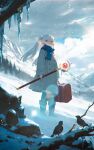  1girl absurdres bird blue_scarf closed_mouth cloud coat earrings elf frieren green_eyes hashtag-only_commentary highres holding holding_staff holding_suitcase ice icicle jewelry long_hair looking_at_viewer mage_staff mountain outdoors parted_bangs pointy_ears scarf shiomi_(lowrise) snow solo sousou_no_frieren staff suitcase teardrop_earrings tree twintails white_coat white_hair 
