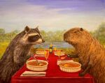 acrylic_painting_(artwork) alcohol ambiguous_gender artist_name beverage brown_body brown_fur capybara caviid container creme_brulee cup cutlery dinner_table drinking_glass duo_focus eating feral fur glass glass_container glass_cup group hi_res kip_(travis_chapman) kitchen_utensils knife mammal outside painting_(artwork) procyonid raccoon rodent signature spoon text tools traditional_media_(artwork) traditional_painting_(artwork) travis_chapman white_body white_fur wine wine_glass