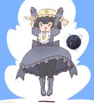  1girl apron arms_up black_hair blue_background boots commentary_request coroha dress full_body gloves jumping kemono_friends kemono_friends_3 keroro_gunsou maid maid_apron maid_headdress neck_ribbon pantyhose ribbon short_hair simple_background solo tamama_(kemono_friends) 