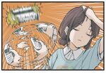  1girl afterimage air_conditioner blue_shirt border brown_hair closed_eyes collared_shirt commentary_request controller double_bun emphasis_lines fj5fq88gsv84580 girls_band_cry hair_bun hand_in_own_hair holding iseri_nina meme motion_blur motion_lines naoya_hitting_choso_without_looking_(meme) orange_background parted_lips shirt short_sleeves solo sparkle speed_lines throwing upper_body white_shirt 