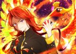  1boy commentary_request embers feathered_wings fire gem highres ho-oh holding holding_poke_ball male_focus marin_sub1 official_alternate_costume poke_ball poke_ball_(basic) pokemon pokemon_(creature) pokemon_masters_ex purple_eyes red_gem red_hair silver_(arc_suit)_(pokemon) silver_(pokemon) upper_body wings 